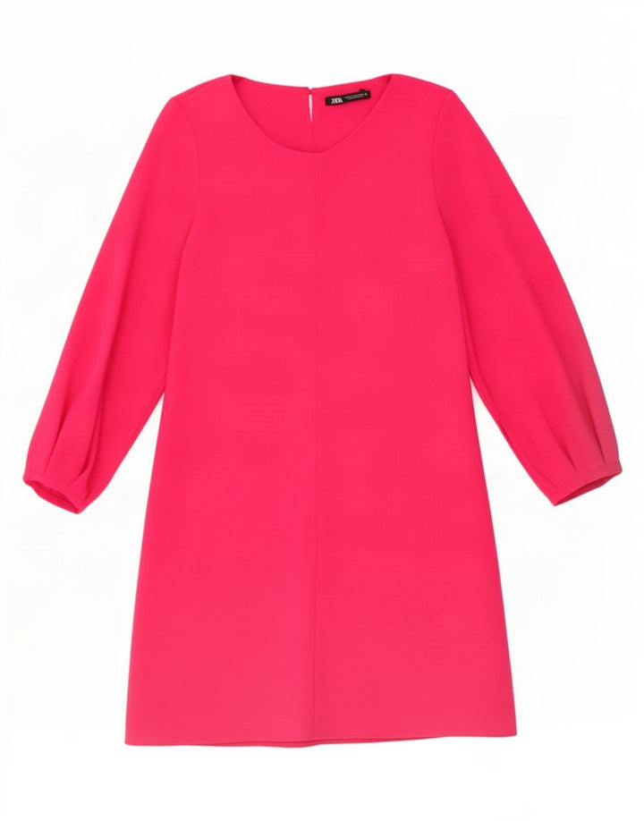 Zara Damen 3/4-Ärmel A-Linien-Kleid UK 12 Mittelrosa Polyester