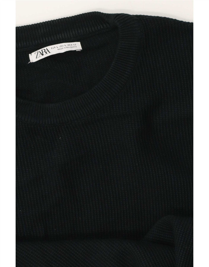 Zara Herren-Pullover mit Rundhalsausschnitt, groß, aus schwarzer Baumwolle