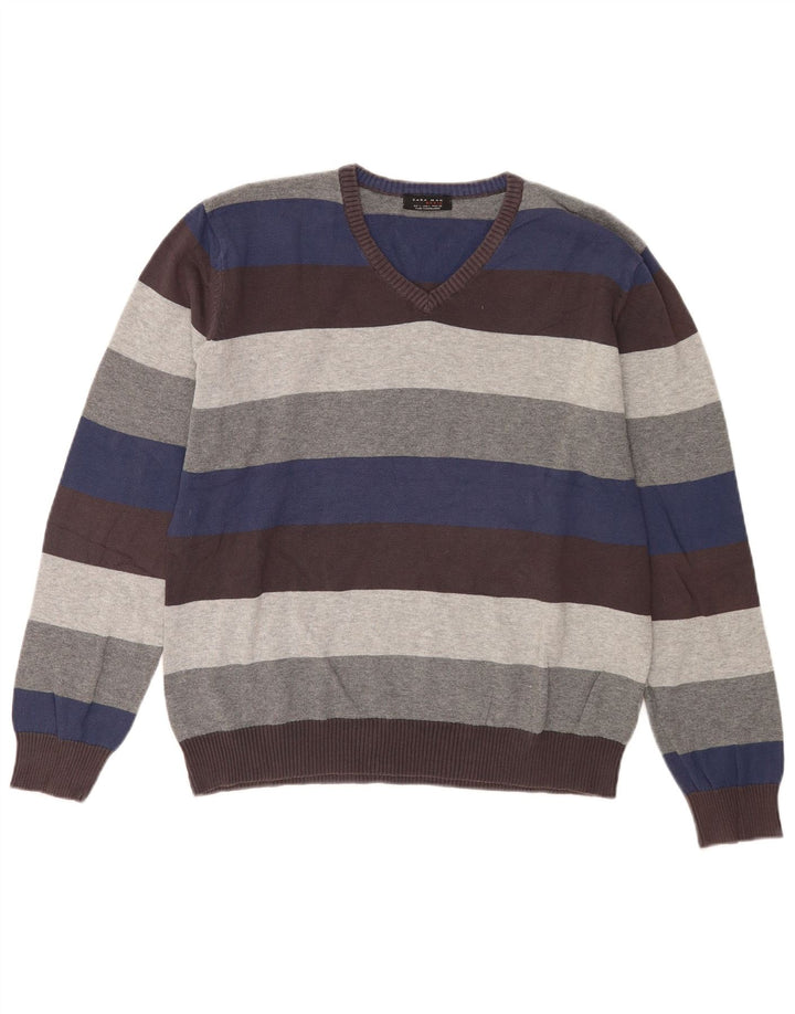 Zara Herren-Pullover mit V-Ausschnitt, groß, mehrfarbig, gestreift, Baumwolle