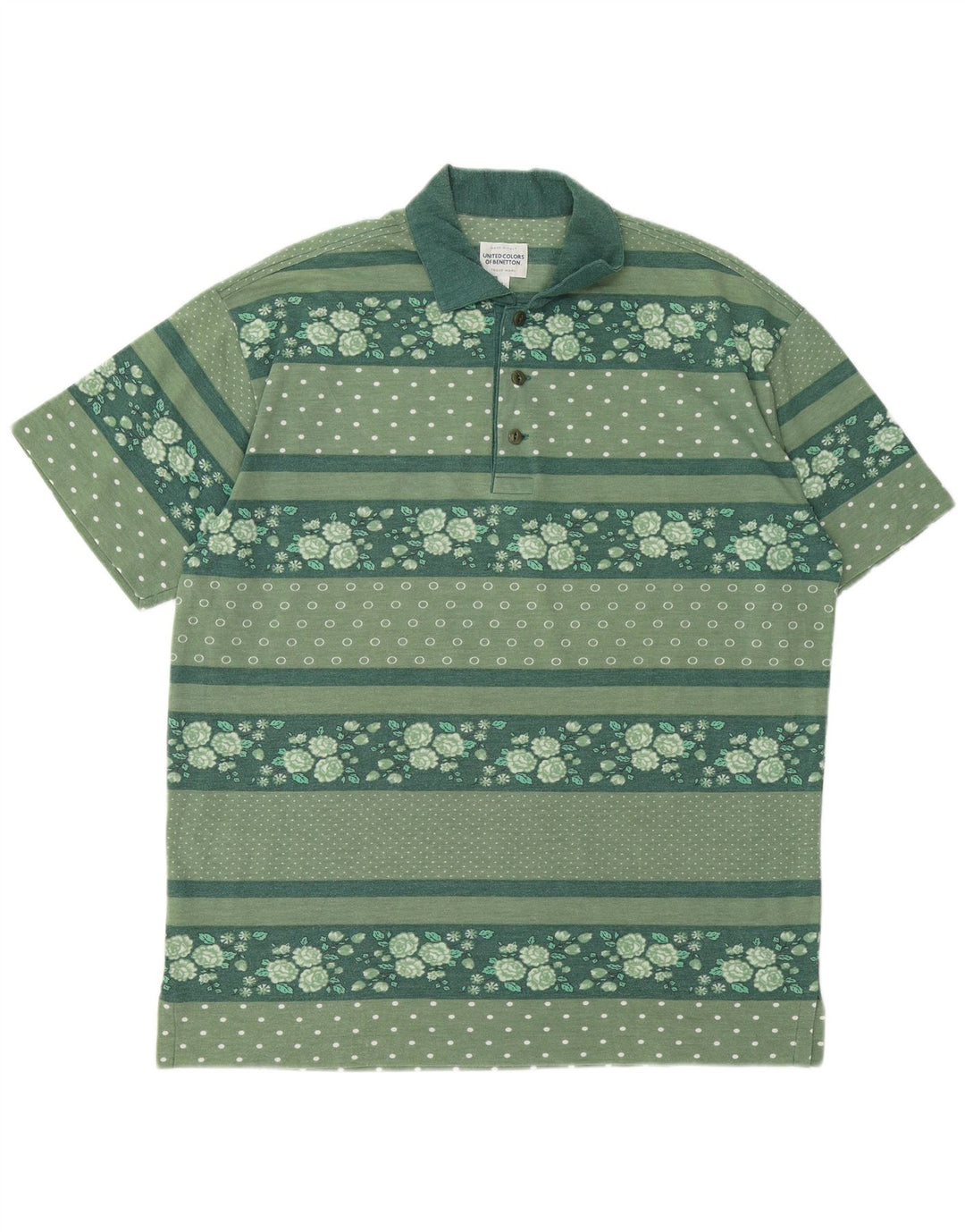 BENETTON Mens Polo Shirt Large Green Floral