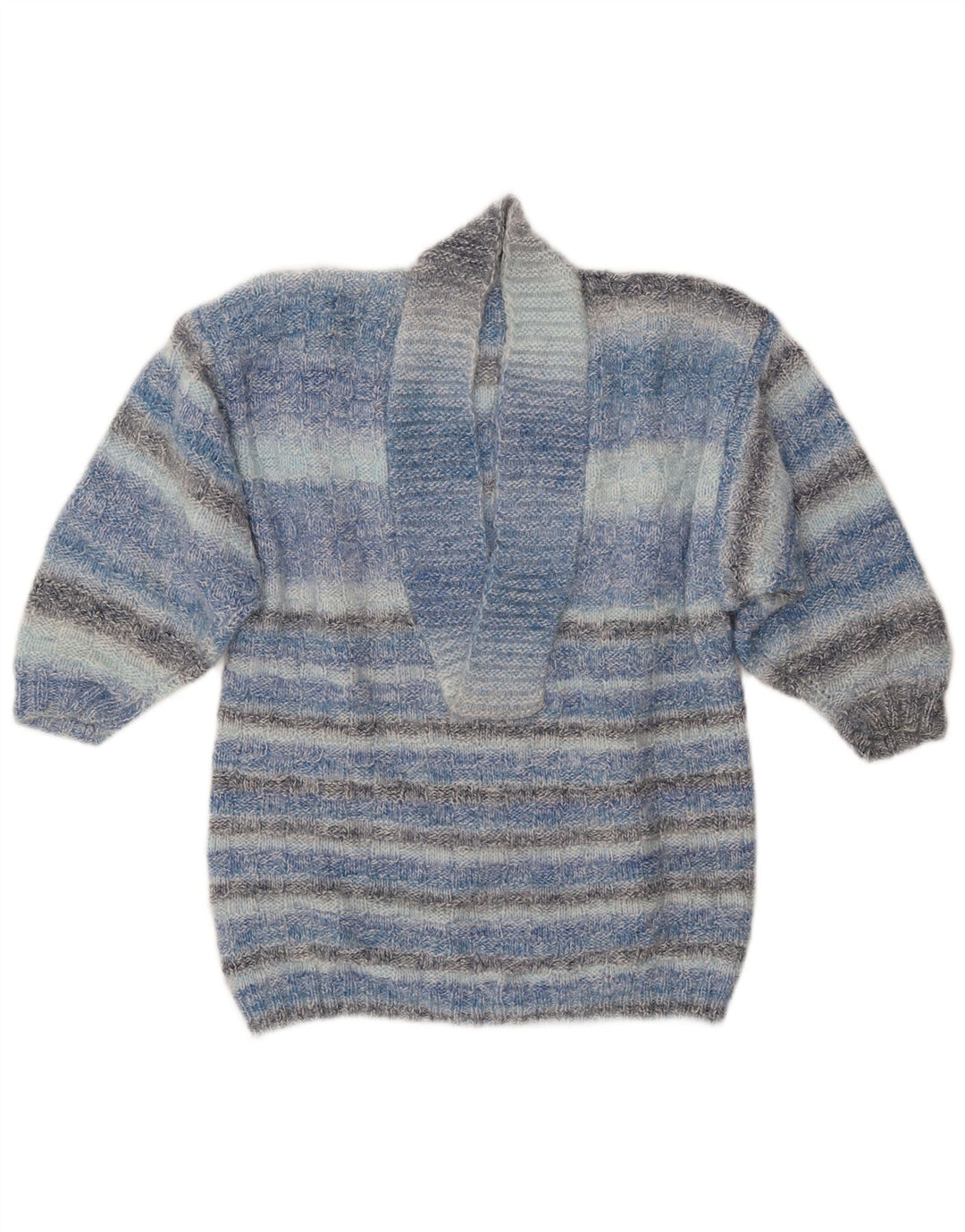VINTAGE Damen Schalhalspullover Pullover UK 14 Mittelblau gestreift