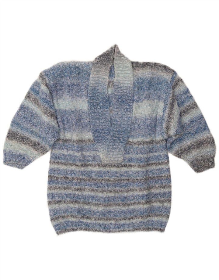 VINTAGE Damen Schalhalspullover Pullover UK 14 Mittelblau gestreift