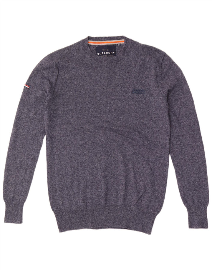 SUPERDRY Herren-Pullover mit Rundhalsausschnitt, klein, blau meliert, Baumwolle