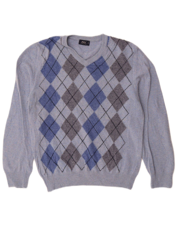 Matteo Volpi Damen-Pullover mit V-Ausschnitt, UK 12, mittelblau, Argyle/Diamant