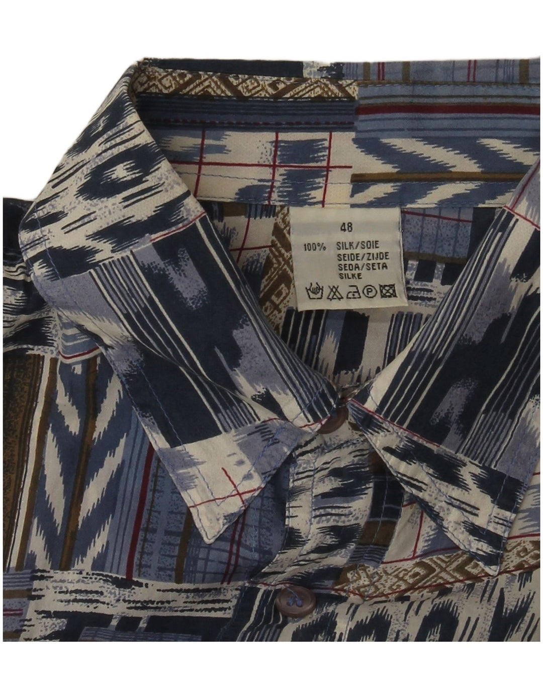 Vintage Herren Kurzarmhemd IT 48 Mittelblaue Patchwork-Seide