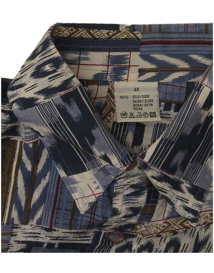 Vintage Herren Kurzarmhemd IT 48 Mittelblaue Patchwork-Seide
