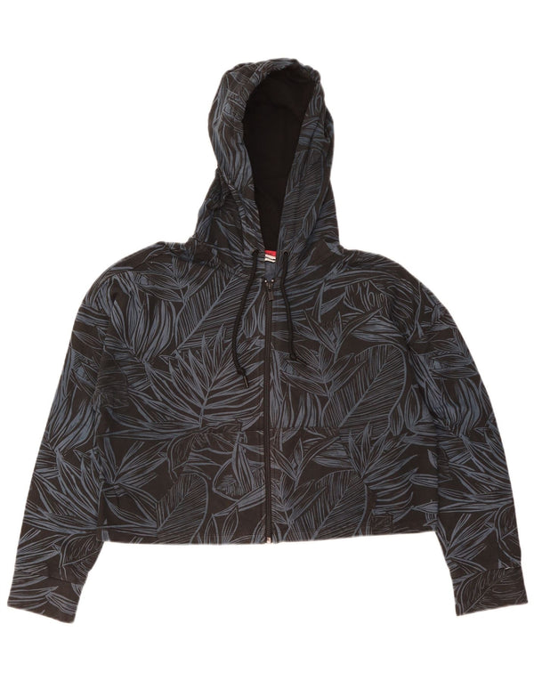 Dkny Womens Crop Oversized Zip Hoodie Pullover UK 14 Medium Black Floral