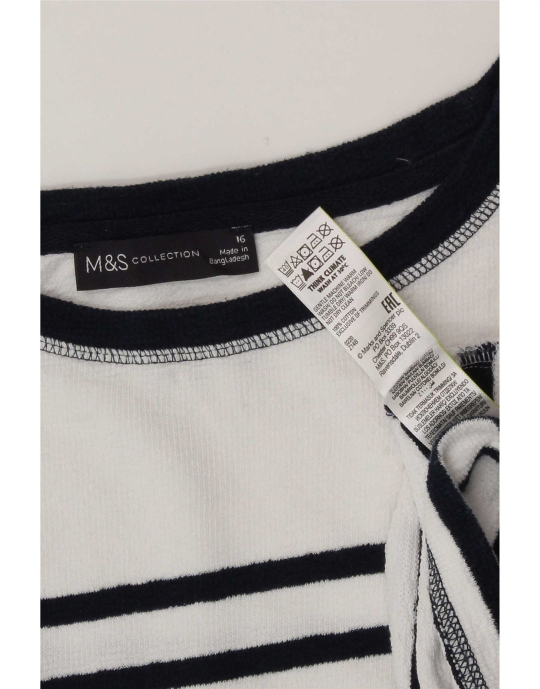 Marks & Spencer Damen-Top, langärmlig, UK-Größe 44, Größe L, weiß gestreift, Baumwolle