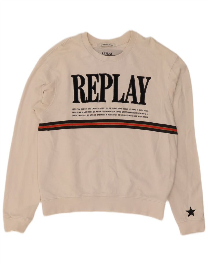 Replay Damen-Sweatshirt mit Grafik, UK 14, mittelweiße Baumwolle