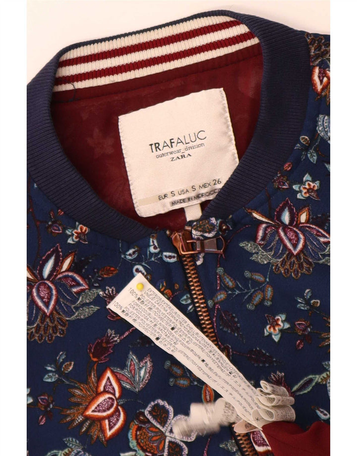 Zara Damen Trafaluc Bomberjacke UK 10 Small Marineblaues Blumenmuster aus Polyester