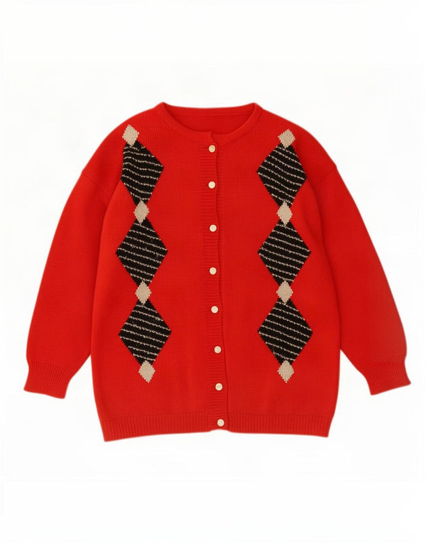 Vintage Damen Cardigan Pullover UK 16 Groß Rot Argyle/Diamant