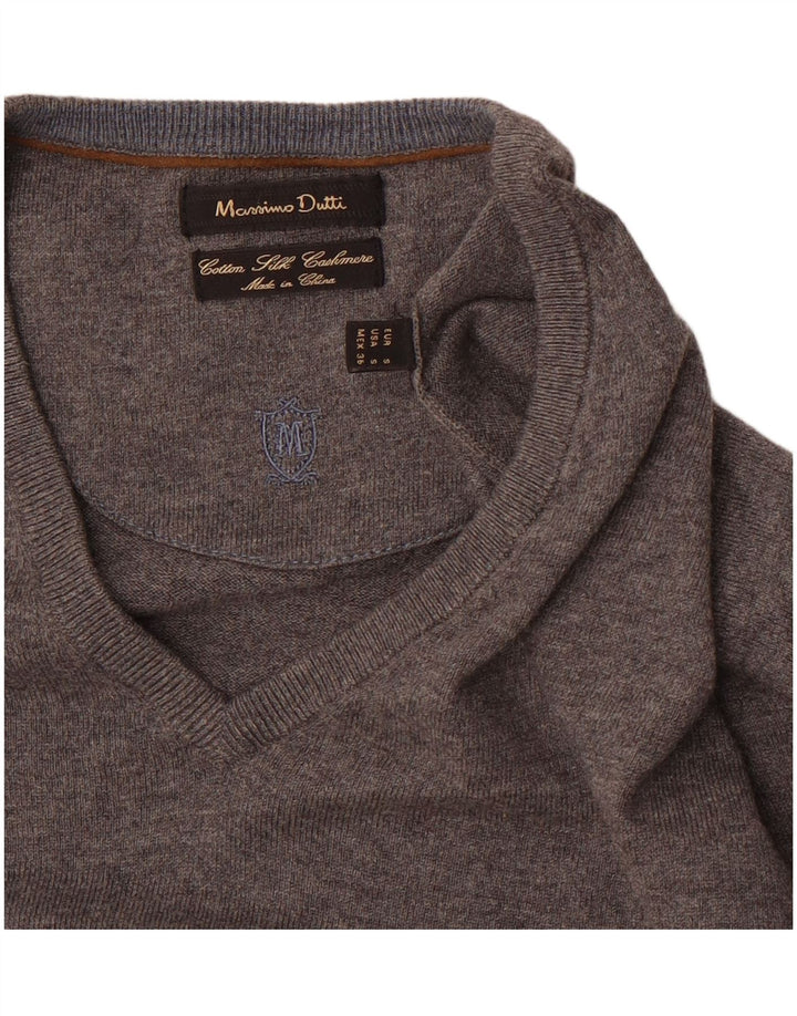 Massimo Dutti Herren-Pullover mit V-Ausschnitt, Größe S, graue Baumwolle