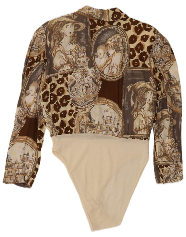 Vintage Damen-Body mit abstraktem Muster und langen Ärmeln, UK-Größe 14, Mittelbraun