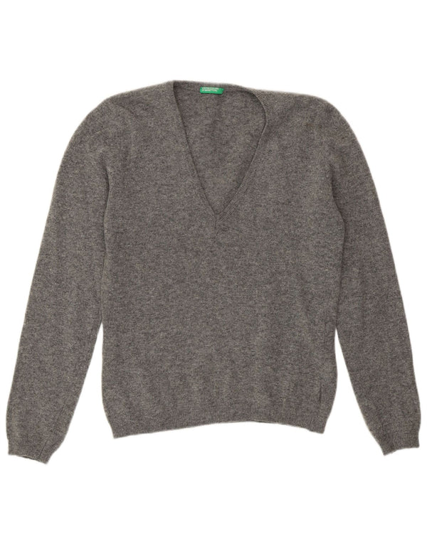 Benetton Womens V-Neck Jumper Sweater UK 12 Medium Grey Wool