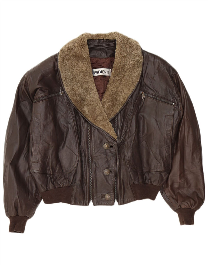 Ambiente Damen Crop Übergroße Lederjacke UK 12 Mittelbraunes Leder