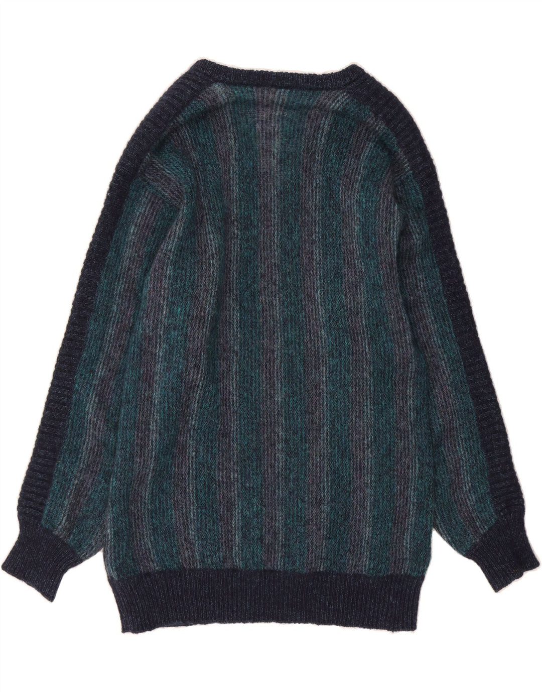 VINTAGE Mens V-Neck Jumper Sweater Medium Navy Blue Pinstripe Wool Vintage Vintage and Second-Hand Vintage from Messina Hembry 