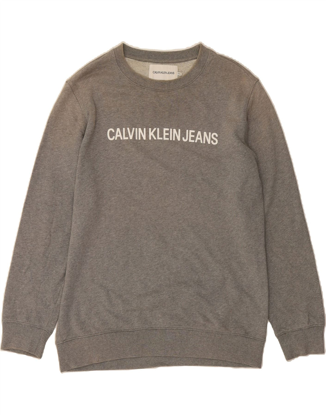 CALVIN KLEIN JEANS Mens Graphic Sweatshirt Jumper 2XL Grey Cotton Vintage Calvin Klein Jeans and Second-Hand Calvin Klein Jeans from Messina Hembry 