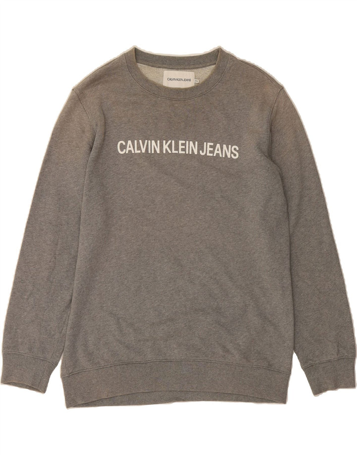 CALVIN KLEIN JEANS Mens Graphic Sweatshirt Jumper 2XL Grey Cotton Vintage Calvin Klein Jeans and Second-Hand Calvin Klein Jeans from Messina Hembry 