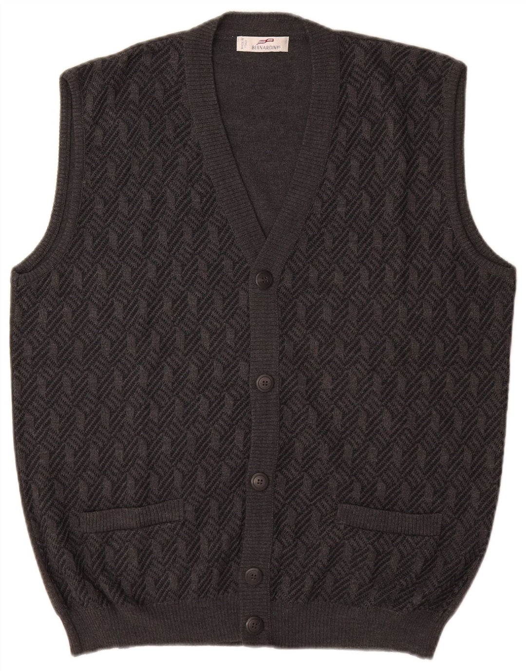 Bernardi Herren ärmelloser Cardigan Pullover IT 52 Große graue geometrische Wolle