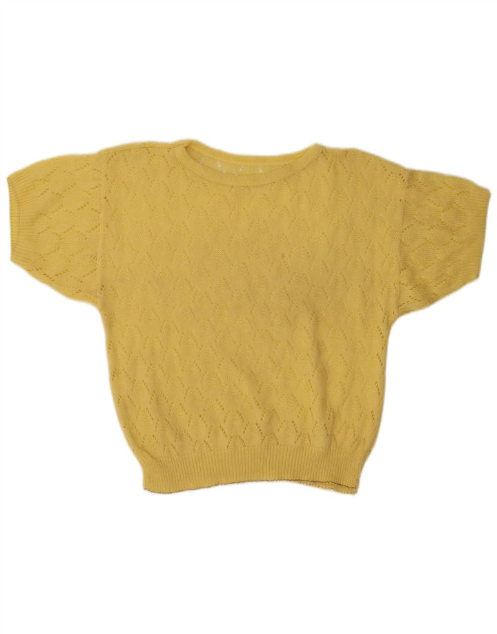 Vintage Damen Durchsichtiger Pullover mit Rundhalsausschnitt UK 14 Mittelgelb