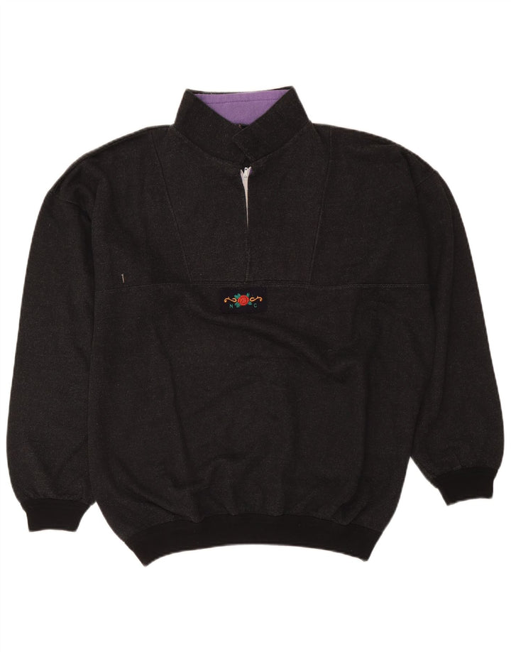 Vintage Herren Sweatshirt mit 1/4-Reißverschluss, groß, grau gefleckt, Retro