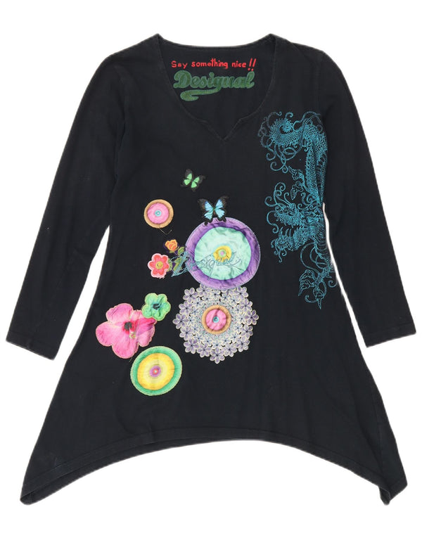 Desigual Womens Graphic Asymmetric Tunic Top UK 10 Small Black Floral