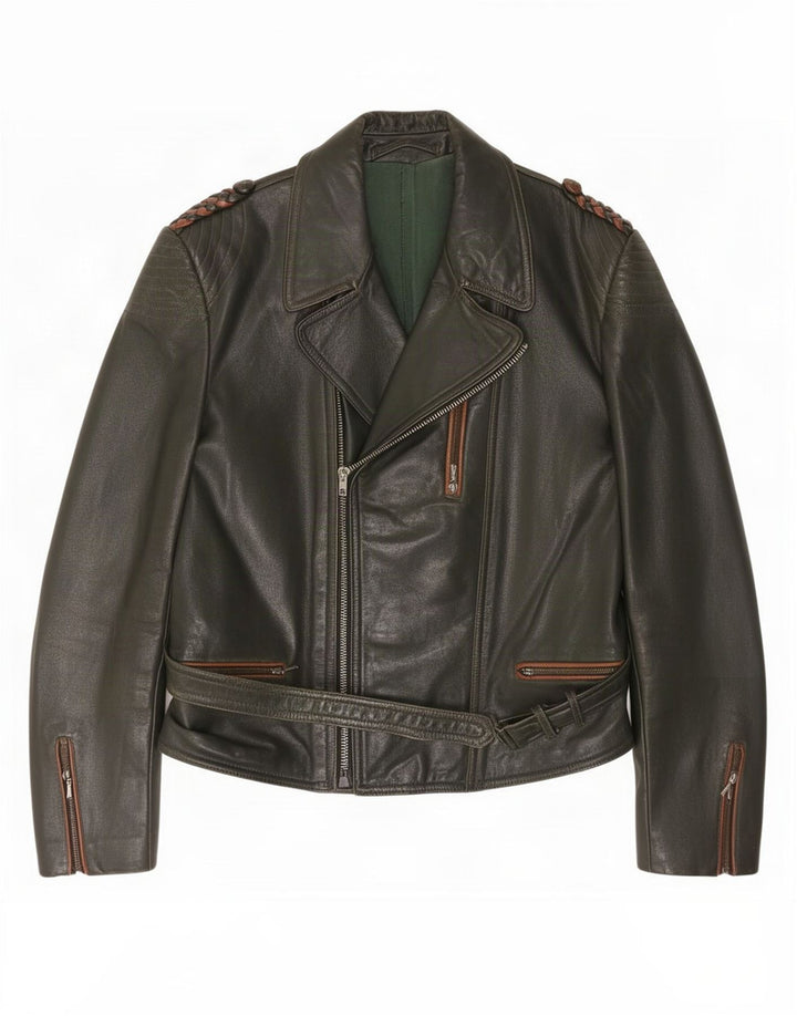 Vintage Herren Motorrad Leder Bikerjacke UK 36 Small Khaki