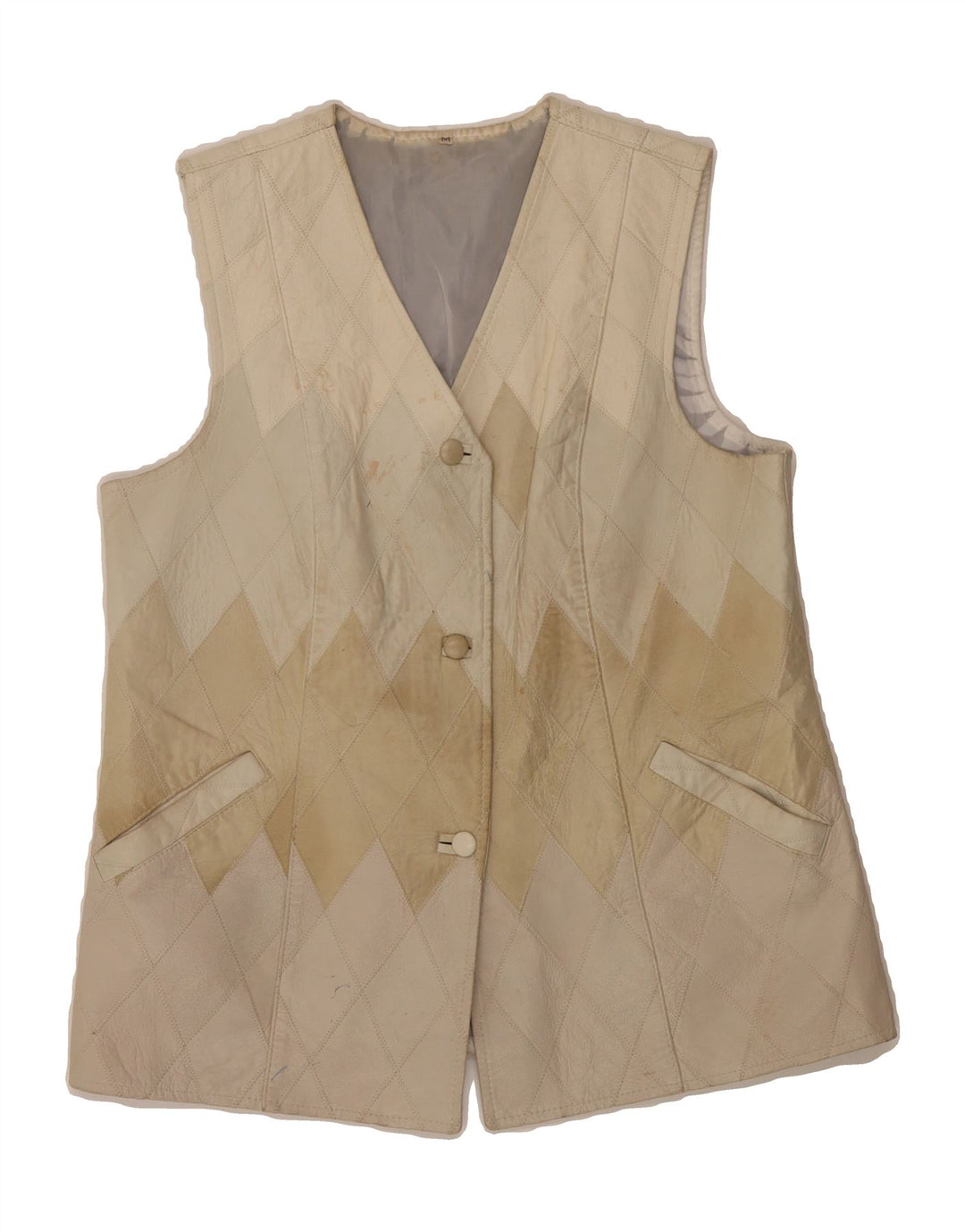 VINTAGE Womens Leather Gilet UK 14 Medium Beige Colourblock Vintage Vintage and Second-Hand Vintage from Messina Hembry 