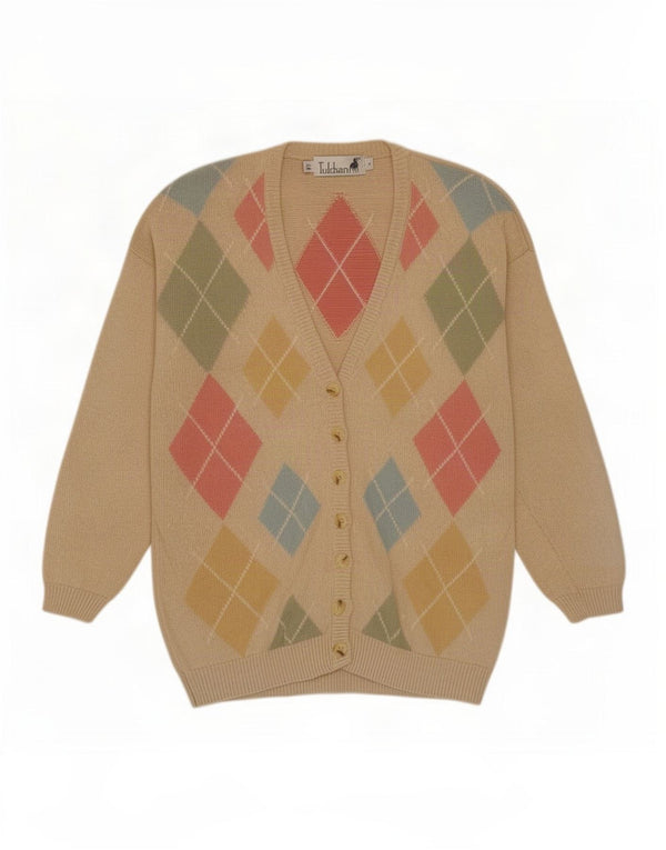 Tulchan Damen-Cardigan-Pullover UK 14 Mittelbeige Argyle/Diamant-Baumwolle