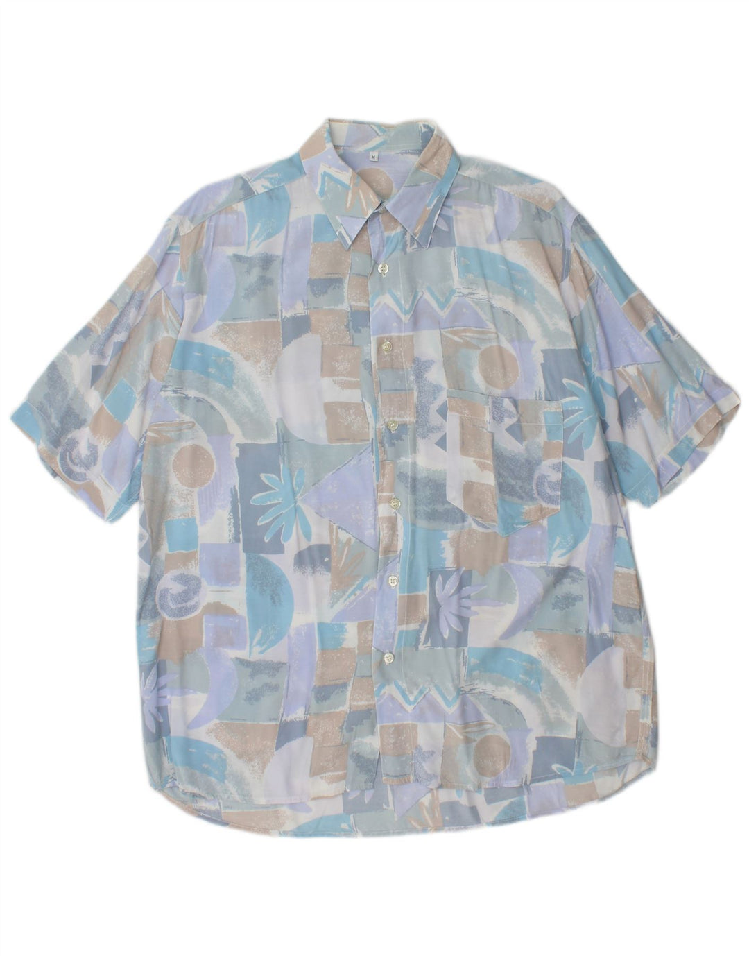 VINTAGE Herren Kurzarmhemd Mittelblau Geometrisch