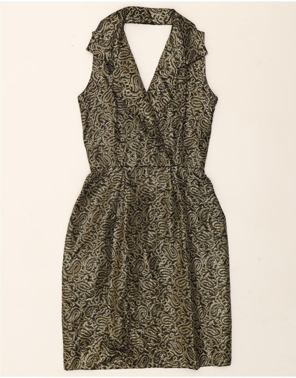 Vintage Damen Neckholder-Kleid UK 10 Small Gold Paisley