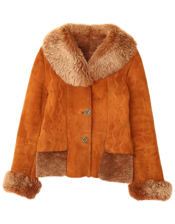 Vintage Damen Shearling Jacke UK 12 Mittelbraunes Leder