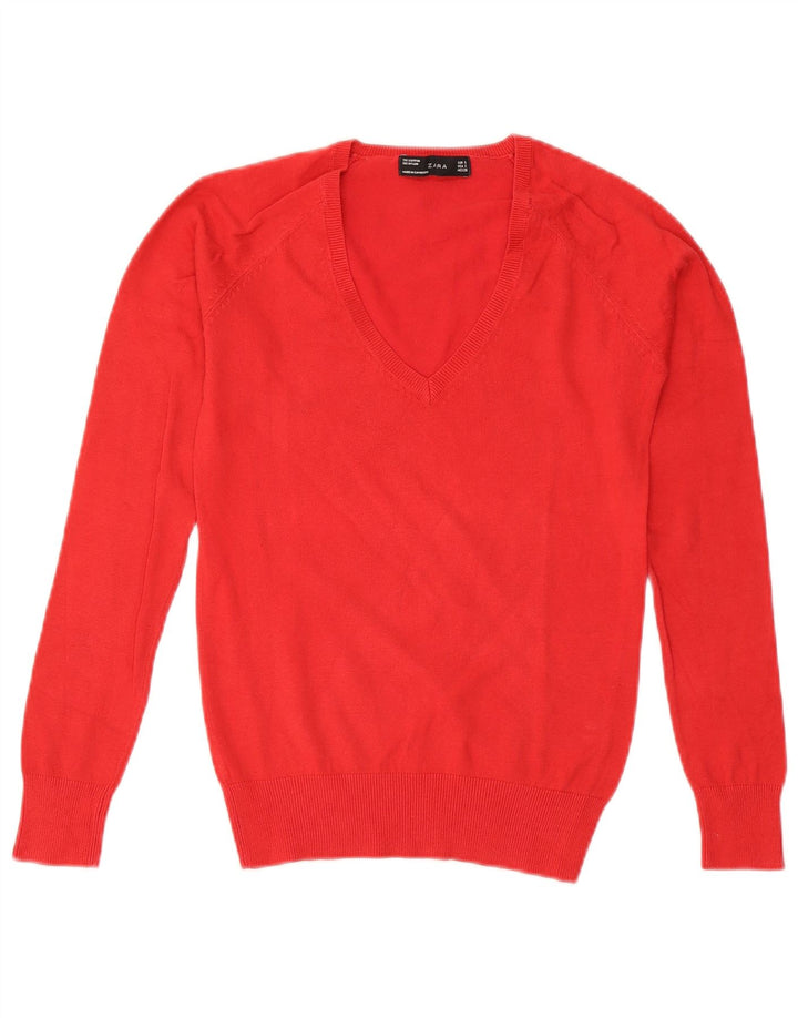 ZARA Damen-Pullover mit V-Ausschnitt, Gr. 10, Größe S, rot, Baumwolle