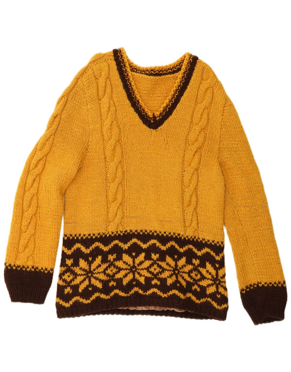 Vintage Damen V-Ausschnitt Pullover Pullover UK 14 Mittelgelb Fair Isle