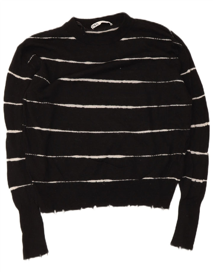 Zara Damen-Pullover, übergroß, Rundhalsausschnitt, Gr. 10, Größe S, Schwarz, gestreift