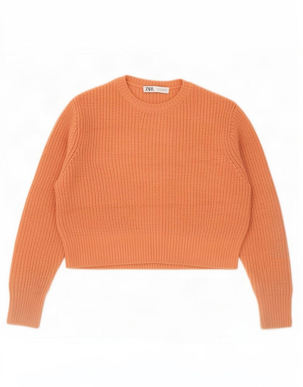 Zara Damen Crop Übergroßer Pullover mit Rundhalsausschnitt UK 6 XS Orange Acryl