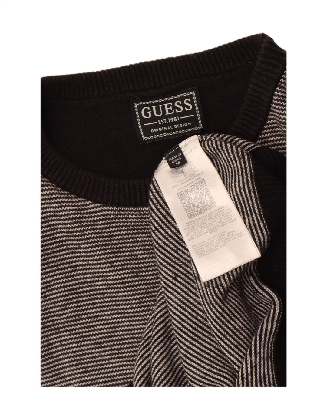 Guess Herren-Pullover mit Rundhalsausschnitt, mittelschwarz, gestreift, Baumwolle