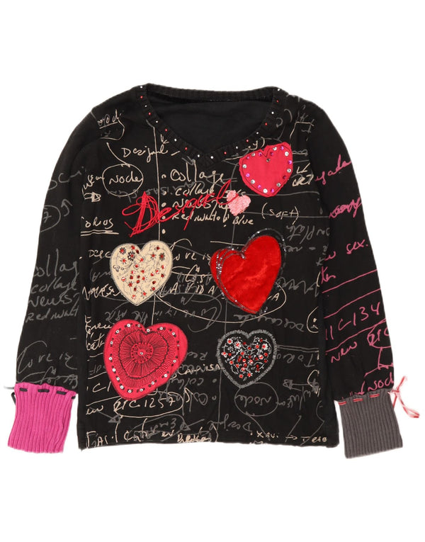 Desigual Damen Graphic Top Langarm UK 18 XL Schwarz Baumwolle Herz