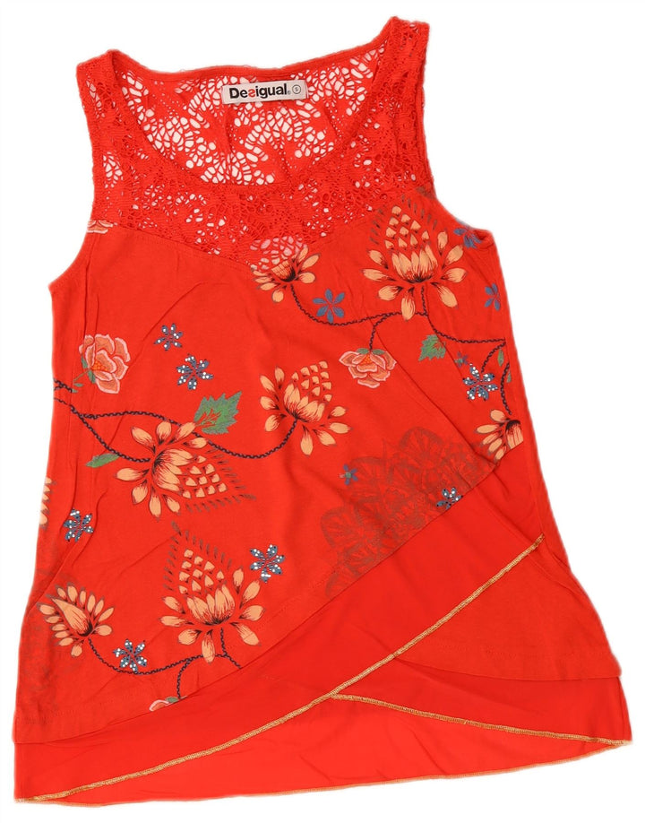 DESIGUAL Damen ärmelloses Blusenoberteil UK 10 Small Red Floral Cotton