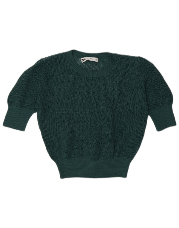 Zara Damen Crop Short Sleeve Crew Neck Pullover Pullover UK 12 Mittelgrün