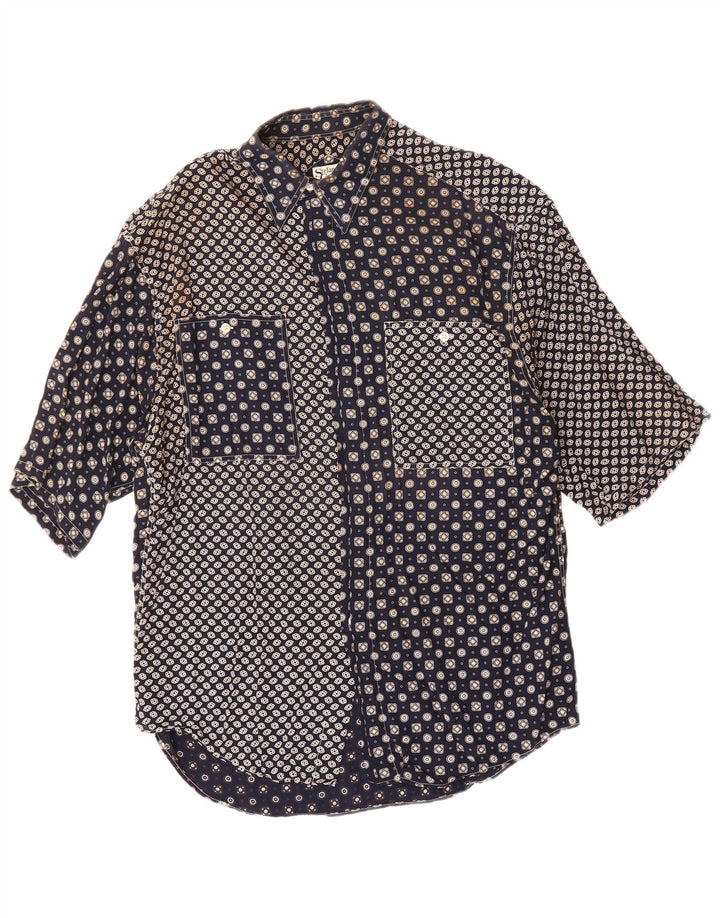 STEFANO CONTI Mens Short Sleeve Shirt Medium Navy Blue Geometric Viscose