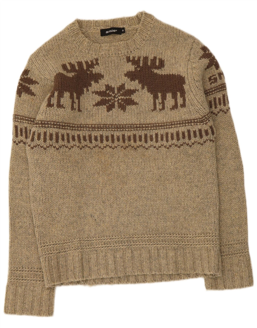 Smog Herren-Pullover mit Rundhalsausschnitt, mittelbeige, Fair-Isle-Lammwolle