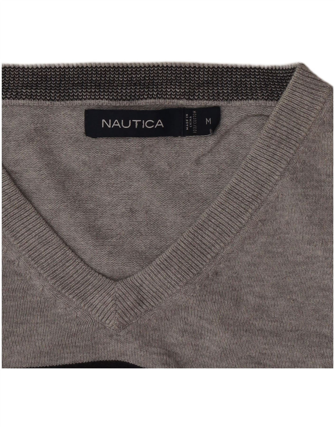 Nautica Herren-Pullover mit V-Ausschnitt aus mittelgrauer, gestreifter Baumwolle
