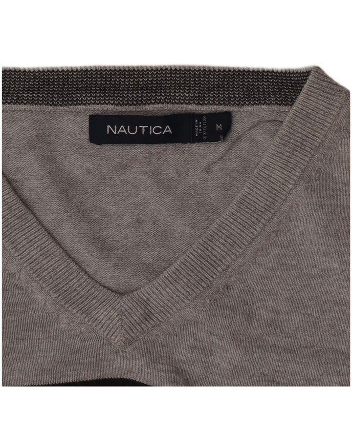 Nautica Herren-Pullover mit V-Ausschnitt aus mittelgrauer, gestreifter Baumwolle