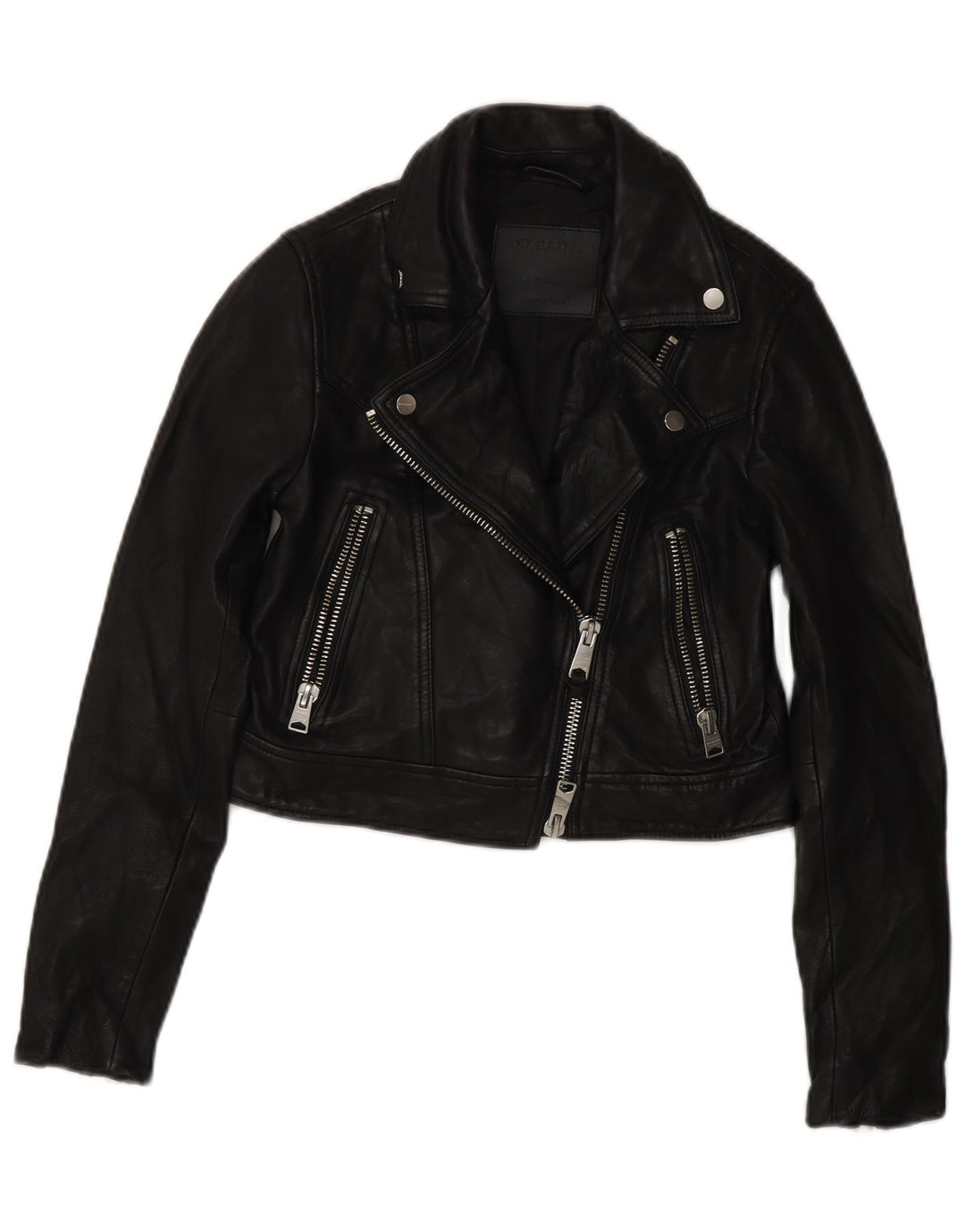 All Saints Damen Crop Leder Bikerjacke UK 4 XS Schwarzes Leder