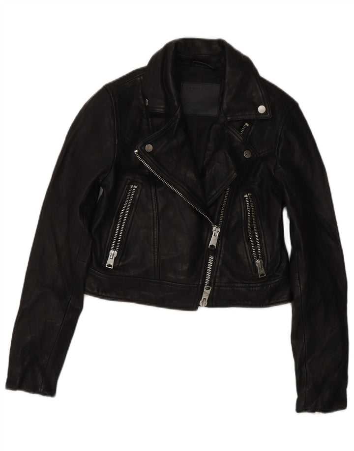All Saints Damen Crop Leder Bikerjacke UK 4 XS Schwarzes Leder