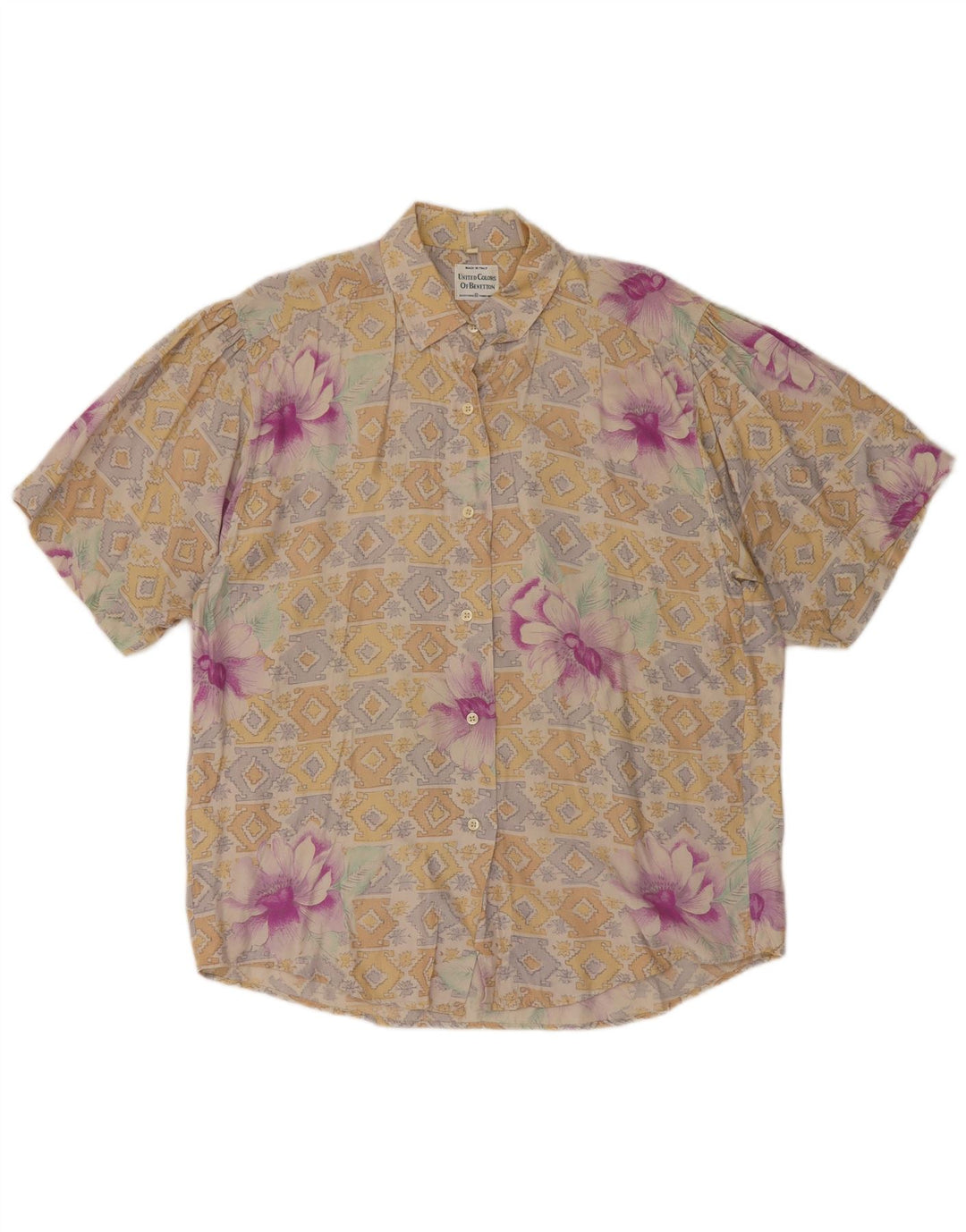 BENETTON Damen Kurzarm-Hemdbluse IT 44 Mittelbeige mit Blumenmuster