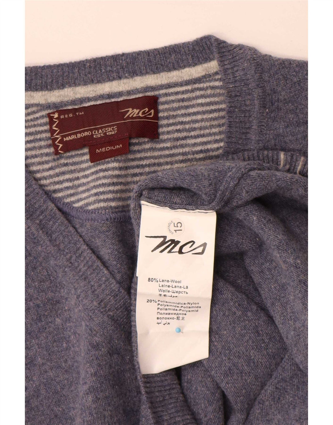 Marlboro Classics Herren-Pullover mit V-Ausschnitt aus mittelblauer Wolle