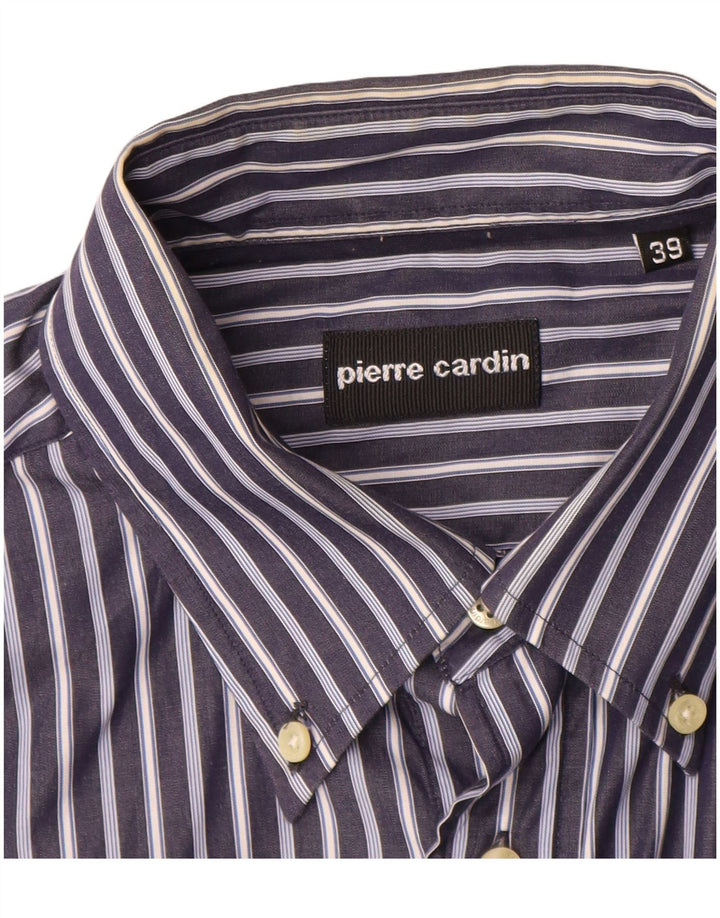 PIERRE CARDIN Herrenhemd Größe 39 Mittelblaue Nadelstreifen-Baumwolle