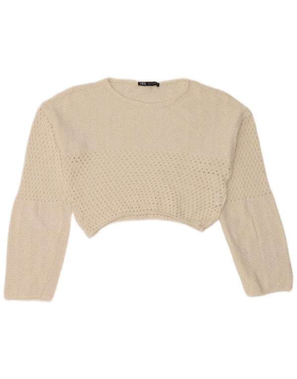 Zara Damen Crop-Pullover mit U-Boot-Ausschnitt, UK 12, mittelweiße Baumwolle